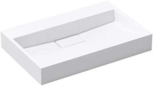 doporro Lavabo sobre encimera blanco brillante de mármol fundido con válvula de desagüe 70x46x11cm Colossum19 lavabo rectangular suspendido sin orificio para grifo con nano revestimiento
