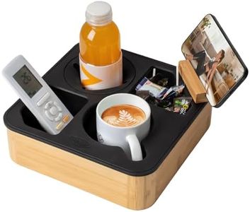 Hitseon Couch Cup Holder Tray, Bamboo Couch Caddy with Rotatable Phone Holder for Bed Organizer, Waterproof Anti-spill Sofa Cup Holder for Snacks Beverage Remote Black