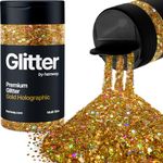 Hemway Gold Holographic 5 Size Glitter Mix 120g/4.2oz Fine Chunky Metallic Resin Craft Multi-Size Glitter Flake Sequin Shaker for Epoxy, Hair Face Body Eye Nail Art Festival, DIY Party Decorations