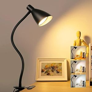 BOHON LED Desk Lamp Reading Eye-Caring 3 Color Modes 10 Levels Brightness Dimmer USB Powered Study Book Clamp 360 Flexible Gooseneck Night Light for Headboard Bedroom and Office, Black