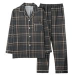 Mens Sleepwear 2 Sets,Woven Check Long Sleeve Button Lapel Shirt Top+ Elastic Band Pyjama Trousers Bottom Suit,Nighties Nightwear Loungwear Nightgown Pjs Set with Pockets Grey