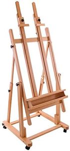 U.S. Art Supply Extra Large Double Mast Wooden H-Frame Studio Floor Easel with Artist Storage Tray - Adjustable, Tilts Flat, Premium Beechwood Canvas Painting Holder Stand - Pro Locking Caster Wheels