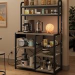 GarveeHome Microwave Stand Bakers Rack with Power Outlet, Kitchen Baker Rack with Wire Basket, 6-Tier Large Freestanding Utility Storage Shelf for Kitchen Dining Living Room, Rustic Gray