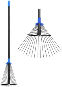 Adjustable Metal Leaf Rake Long Handle, Garden Rakes for Lawns Heavy Duty Leaves with Expandable Head 8-17", Yard Women Kids Rake for Gardening RV Camping