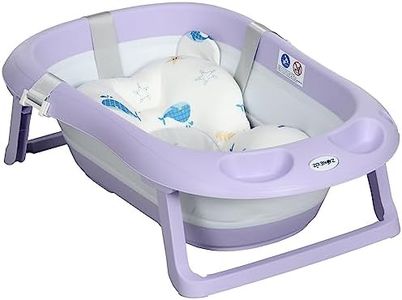 ZONEKIZ Vaschetta Bagnetto Pieghevole per Bambini 0-6 Anni con Cuscino e 2 Spazi Portaoggetti Inclusi, 83x48x23.5 cm, Viola e Bianco