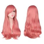 AOMIG Long Wavy Pink Wigs, 3 Pack Long Pink Wigs Set with Sunglass & Wig Cap, Charming Full Long Curly Hair Wig with Bangs, 28 Inch Anime Cosplay Party Synthetic Wig for Women Girls