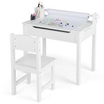 GYMAX Kids Desk and Chair Set, Wooden Children Art Table with Storage Space, Paper Roll and Markers, Lift-up Tabletop Design, Toddler Study Desk Set for 3 Years Old + Boys Girls (White)