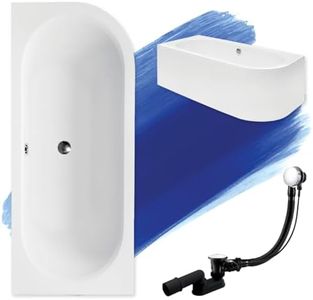 BADLAND Original Badewanne 170x75 cm Links Acryl KOMPLET KOMPLETTSET SET Schürze Siphon Wanne Eckwanne Ecke Eckbadewanne Weiß Design Modern Ablaufgarnitur in Chrom für 2 Personen Made in EU 4in1
