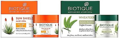 Biotique Sun Shield Aloe vera 30+ SPF UVB Sunscreen Ultra Protectective Face Cream, 50g & Biotique Wheat Germ Anti- Ageing Night Cream Reduces Fine Lines Lightens dark Spots, 50g