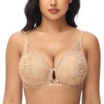 FallSweet Push Up Lace Bras for Women Underwired Padded Add one Cup Sexy Bra(Beige,40DD)