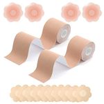 LDIWEE 2 Pack Boob Tape, Breast Lift Tape for A-D Cups, Breathable Strapless Chest Support Tape Invisible Adhesive Body Tape with 5 Pairs Satin Breast Petals and 2 Pair Silicone Nipple Covers Brown