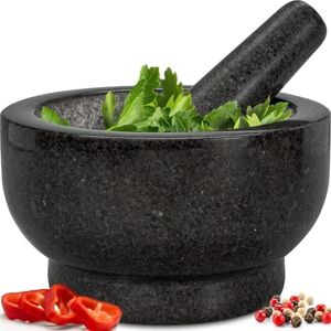 Heavy Duty Large Mortar and Pestle Set, 4 Cups, 100% Natural Granite Mortar and Pestle Stone Grinder Bowl, Molcajete Bowl, Avocado Masher Guacamole Bowls, Black