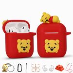 Winnie Cartoon Case for Apple Airpod 2nd 1st, 9 in 1 Accessories Set Protective Cover, Silicone Case/Stitch Keychain/Carabiner/Metal dust Sticker/Cleaning Brush/Anti-Lost Rope.The Best Gift