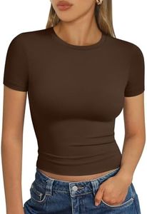 Trendy Queen Womens Short Sleeve T Shirts Summer 2026 Crop Tops Basic Slim Fit Gym Workout Y2k Clothes Chocolate XS