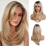 Esmee 20 Inches Long Straight Blonde Layered Synthetic Hair Wigs for Women with Dark Roots for Daily Party Use