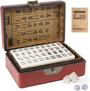 Dyna-Living Mini Chinese Mahjong Set, Solid Structure Easy To Read Game, 144PCS Mahjong Tiles, 2PCS Dice & Leather Carrying Case Box, Complete Majong Set for Gathering Table Game