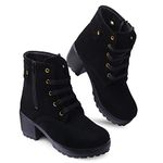 KLIEV PARIS Women's Synthetic Velvet, Trendy, Comfortable, Zipper & Lace Up Boots for Casual, Outdoor and Holiday Outings (Black)