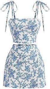 WDIRARA Women's 2 Piece Outfit Floral Print Tie Shoulder Cami Top and Split Hem Skirt Set Blue and White L