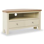 RoselandFurniture Farrow Cream Corner TV Stand Unit 90 cm Painted Solid Wood Light Oak Top Television Cabinet Suitable for TVs up to 40 inches for Living Room or Bedroom | Fully Assembled