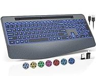 Wireless Keyboard with 7 Colored Backlits, Wrist Rest, Phone Holder, Rechargeable Ergonomic Computer Keyboard with Silent Keys, Full Size Lighted Keyboard for Windows, Mac, PC, Laptop (Gary)