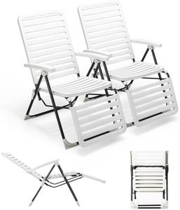 KOMFOTTEU Silla Reclinable Jardín Exterior, Tumbona Plegable con Respaldo Ajustable en 7 Posiciones, Asiento de Material de PP con Marco de Metal, Carga 150 kg, para Patio, Terreza, Piscina (2 piezas)