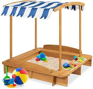 Best Choice Products Kids Wooden Cabana Sandbox Play Station for Children, Outdoor, Backyard w/ 2 Bench Seats, UV-Resistant Canopy Shade, Fabric Sandpit Cover, 2 Side Buckets - Natural