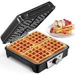 Reemix 4-Slice Belgian Waffle Maker, 3 Browning Levels with Nonstick Square Waffler Iron Plates, 1200 Watts, Compact Design for Easy Storage, Stainless Steel/Black