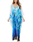 Eddoyee Chiffon Leaf Print Swimsuit Cover Ups for Women Loose Batwing Sleeve Beach Kaftan Maxi Dress