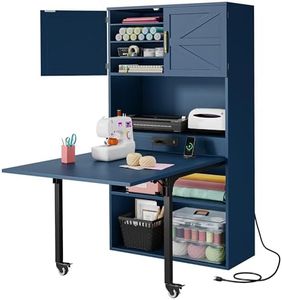 DWVO Sewing Craft Table with Storage, Craft Armoire with Fold-Out Table and USB Power Outlets, Large Capacity Sewing Cabinet with Adjustable Shelves for Home or Studio