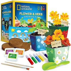 National Geographic Flower & Herb Gardening Kits for Kids - Kids Gardening Set with Stainless Steel Pots, Paint and Decorations, Arts and Crafts Gift, Kids Gardening Set, Kids Plant Growing Kit