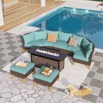 PHI VILLA 8-Piece Outdoor Furniture Wicker Set with 56" Gas Fire Pit Table Half-Moon Curved Patio Conversation Waterproof Rattan Sofa with Ottoman, Blue