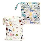 CQQNIU 2 Pcs Baby Waterproof Diaper Organizer, Washable Reusable Double Zipper Diaper Day Care Wet Bag for Swimwear Baby Products (Dinosaurs, Letters)