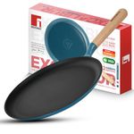 BERGNER Excalibur Lightweight Cast Iron Dosa Tawa 28cm, Sturdy Wooden Handle, Non-Stick Coating, PFAS Free, Perfect Heat Distribution, Elegant Design - Induction and Gas Stove Ready (Blue)