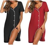 Ekouaer Nightgowns for Women 2 Pack Button Down Sleepshirt Short Sleeve Nightshirt Soft Sleepwear V Neck Pajama Dress Black/Wine Red L