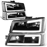 DNA MOTORING HL-LB-CSIL03-BK-CL1 Black Housing 3D LED DRL Headlight Bumper Lamp Set Compatible with 03-06 Silverado 1500-3500 / Avalanche 1500 2500