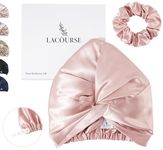 LaCourse Anti-Slip Adjustable Real 22 Momme 100% Mulberry Silk Bonnet with Scrunchie for Sleeping Women, Double-Layered Silk Hair Bonnet for Curly Hair, One Size (21-24" Head Size), Pink