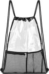 Heavy Duty Drawstring Mesh Bag,1Pc Clear Drawstring Bag Waterproof Stadium Drawstring Backpack See Through Transparent PVC Drawstring Backpack with Front Zipper Mesh Pocket for Stadium Colleges Sport