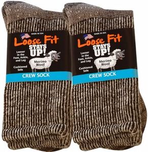 Loose Fit Stays Up Marled Merino Wool Men's and Women's Sock 2 Pack (Medium Green Label, Brown Marled)