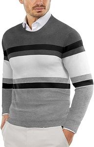 COOFANDY Men's Crew Neck Sweater Slim Fit Lightweight Sweatshirts Knitted Pullover for Casual Or Dressy Wear Grey/White