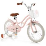 COSTWAY Kids Bike, 16 Inch Toddler Bike Children Bicycle w/Training Wheels, Hand & Coaster Brakes, Adjustable Saddle & Handlebar, Basket, Bell, Kids Bicycle for Girls Boys Aged 3-8 Years Old, Pink