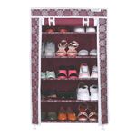 Flipzon Multipurpose 5 Shelves Shoe Rack With Zip Door Cover & Side Pockets, Multiuse Storage Rack For Footwear, Toys, Clothes With Dustproof Cover (5 Shelves, Maroon Flower) - Iron Pipes