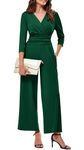 JASAMBAC Casual Jumpsuits Women,Wide Leg Jumpsuits Evening Jumpsuit 3/4 Length Sleeves Festival Outfit Wedding Guest Outfits One Piece Ruched Wrap V Neck&High Waist Romper Party Jumpsuits