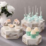 Insight Arts Set of Three whitewashed Wood Hexagonal Display Riser Stands for Cakes, Cupcakes, Desserts, and Merchandise