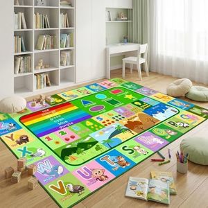 OGPJKEQR Alphabet Carpet - 5x7 Ft Alphabet Number ABC Rugs for Kids Playroom, Classroom, Nursery - Non-Slip, Washable Floor Mat with Animals, Seasons, Colors, Fruits Design, Green