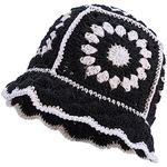 XYIYI Black Women Crochet Bucket Hat Knit Handmade Foldable Beach Hat Cute Hand Woven Fishing Hat