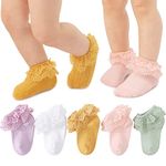 Baby Girl Lace Socks Newborn Ruffle Socks 5 Pairs Double Layer Eyelet Frilly Socks Princess Dress Socks, White Green Pink Purple Yellow,0-3 Months