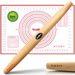 WALFOS French Rolling Pin and Silicone Baking Mat Set, Non-Stick Beech Wood Rolling Pin 15.7 Inch and Pastry Mat for Best Pie Crust, Cookie, Pasta and Pizza Dough