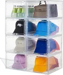 Attelite Upgrade Harder Solid Plastic Hat Organizer for Baseball Caps, 8 Pack Stackable Hat Storage Box, Hat Holder With Clear Magnetic Door, Hat Rack, Stylish Hat Display(XL-Clear)