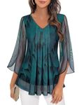 Flikity Women's Blouses & Shirts, Womens Chiffon Tops Floaty 3/4 Sheer Sleeves Ladies Tunic Tops Going Out Tops Party Tops Casual V Neck Pleats Work Tops Shirts Office Wear M Peacock Blue