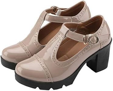 DADAWEN Women's Classic T-Strap Platform Mid-Heel Square Toe Oxfords Dress Shoes Apricot US Size 10